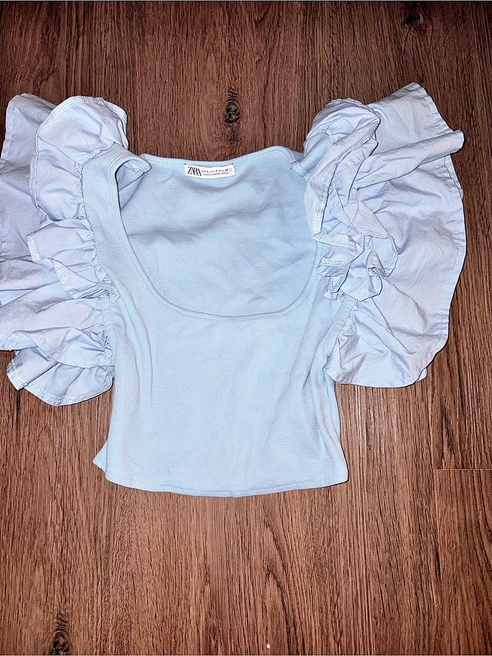 Zara Light Blue Ruffle Sleeve Ribbed Crop Top Size Small